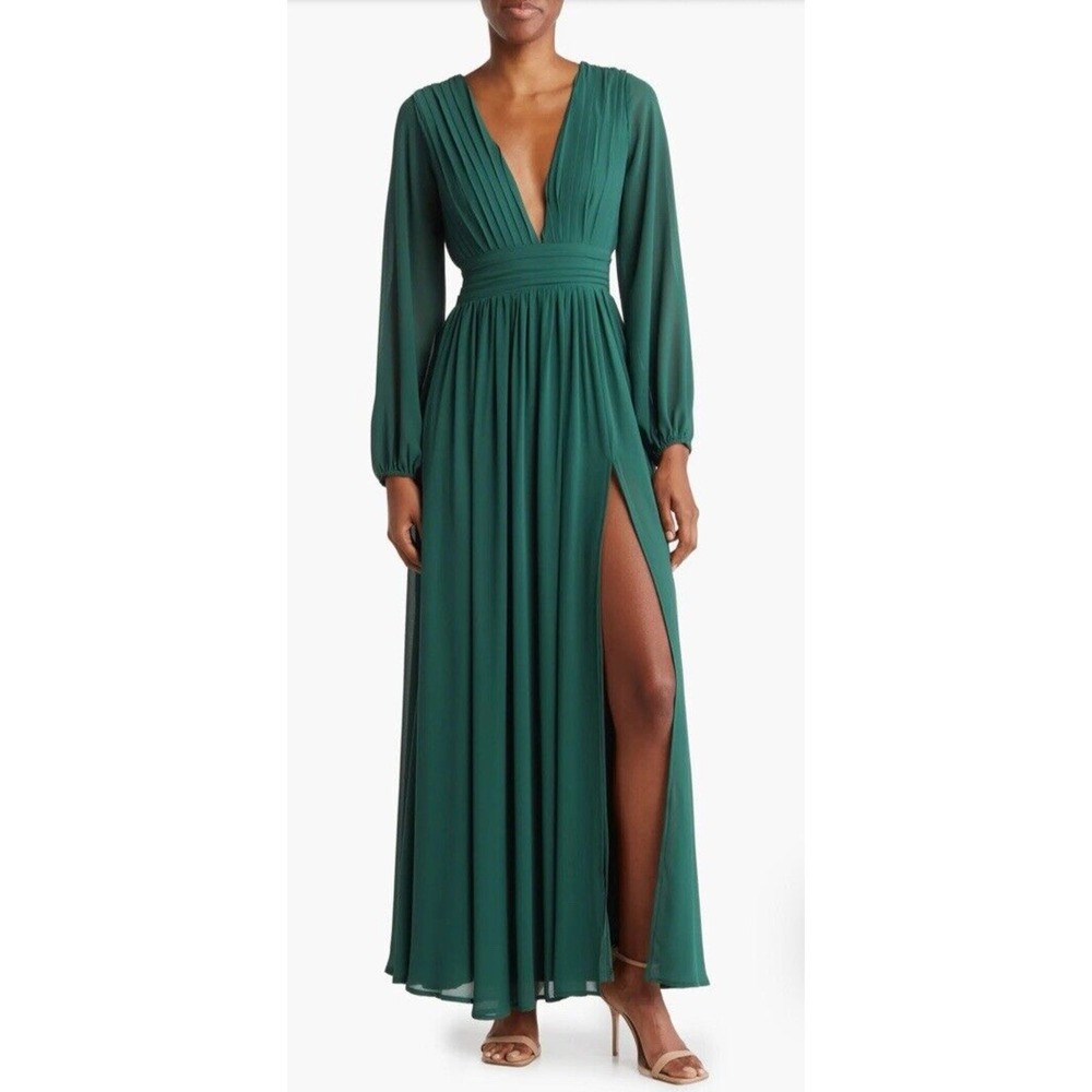LOVE X‎ DESIGN Emerald Green V Neck Long Sleeve High Slit Maxi Dress Women Sz M